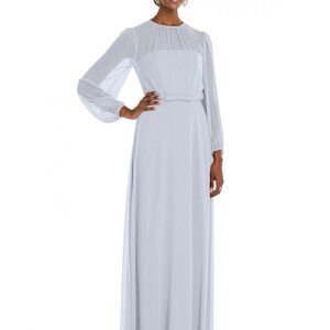 Dessy Collection 3098 Sheer Long Sleeve Bridesmaid Dress – Size 16R, Silver Dove